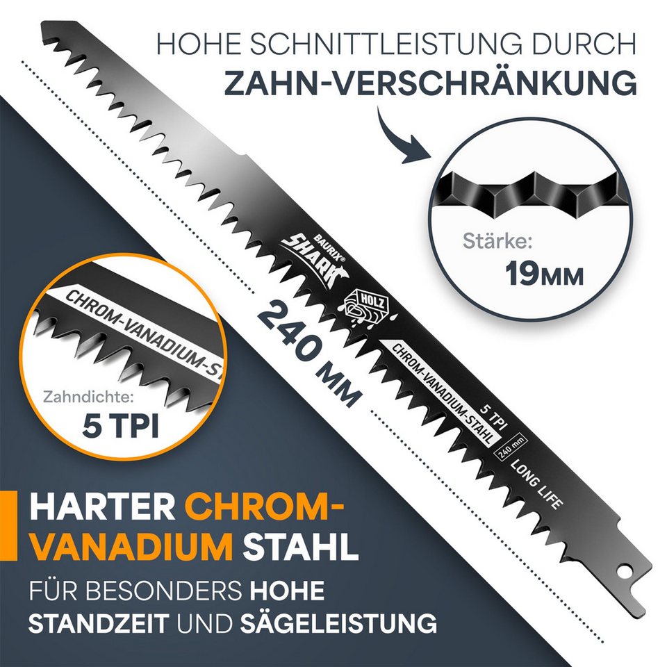 BAURIX Säbelsägeblatt Holz, 5 Stück, 240 mm, 5 TPI, Sägeblatt Säbelsäge (für schnelle und saubere Schnitte, 5 - St), Säbelsägeblatt für Grobholz, Nassholz, Brennholz, lebendes Holz - kuhlmann.hausgeraete