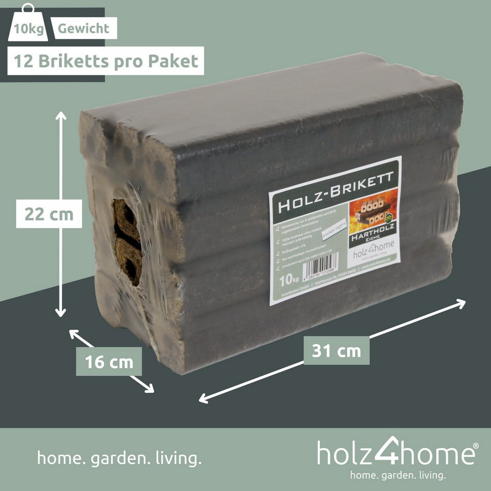 holz4home® Holzbriketts Pini Kay Eichenbriketts I 100% ohne Zusätze I Briketts Kamin Brennholz, 10 kg, Mit Zugloch gepresst - kuhlmann.hausgeraete