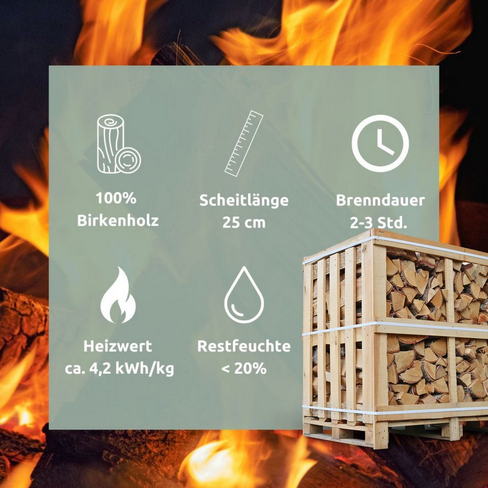 holz4home® Kaminholz Ofenfertiges Brennholz Birke 450 - 500 kg I Kammergetrocknet 25cm Scheit, Ofenfertige Holzscheite in 25cm Länge - kuhlmann.hausgeraete