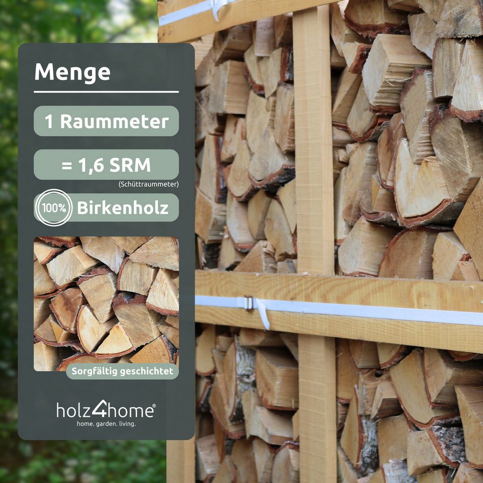 holz4home® Kaminholz Ofenfertiges Brennholz Birke 450 - 500 kg I Kammergetrocknet 25cm Scheit, Ofenfertige Holzscheite in 25cm Länge - kuhlmann.hausgeraete