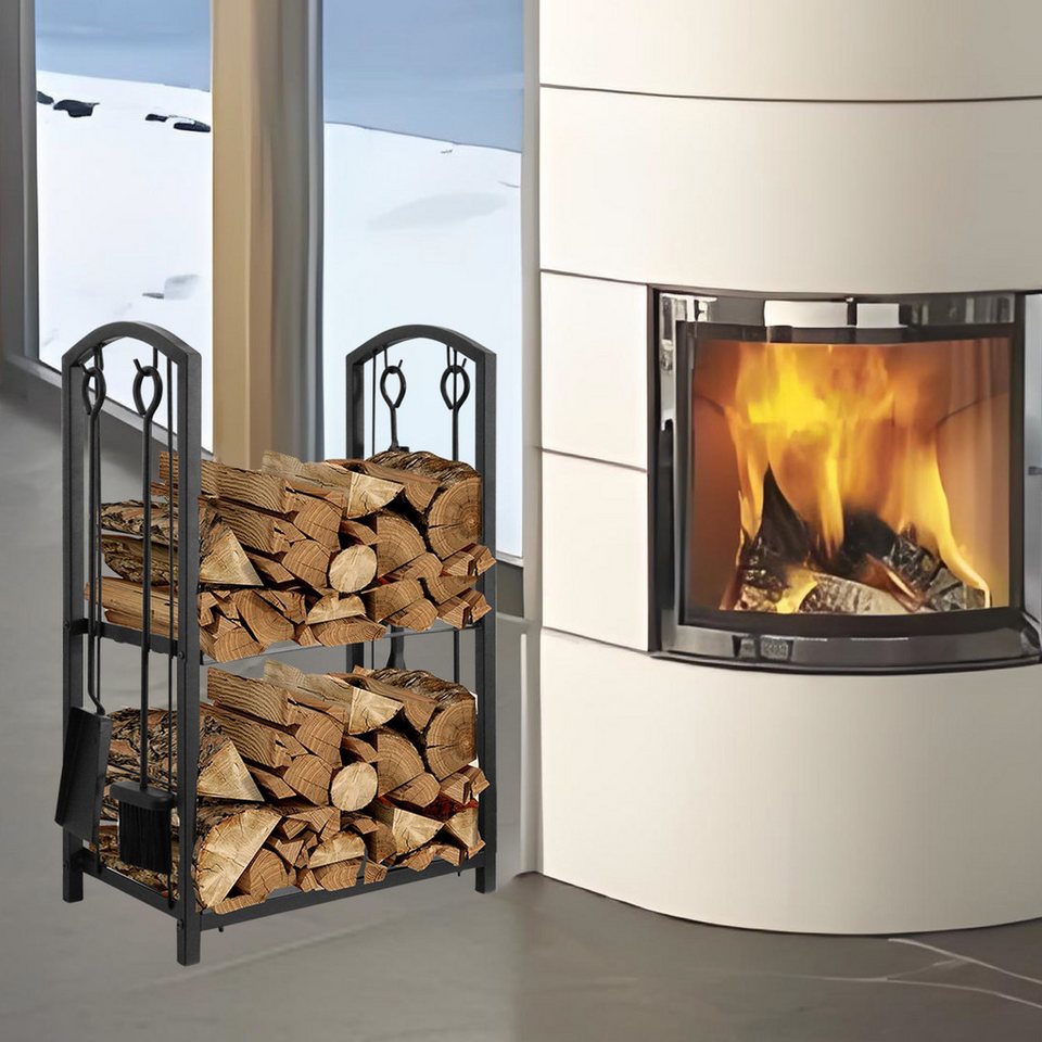 Mucola Kaminholzregal Feuerholzablage 6 - tlg. Kaminbesteck Kaminhandschuhe Kaminzubehör, BxTxH:40x30x74 cm, (6 - tlg., 6 - St., Set), inkl. 4tlg. Kaminwerkzeug, rostfrei und korrosionsbeständig - kuhlmann.hausgeraete