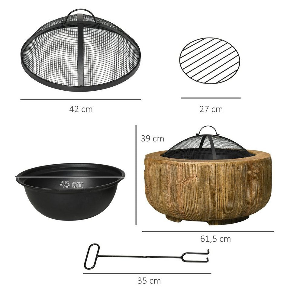 Outsunny Feuerschale mit Schürhaken, im Baumstumpf - Design, (Feuerschale, 1 - St., Feuerstelle mit Deckel), Stahl, für Garten, Camping, Braun - kuhlmann.hausgeraete