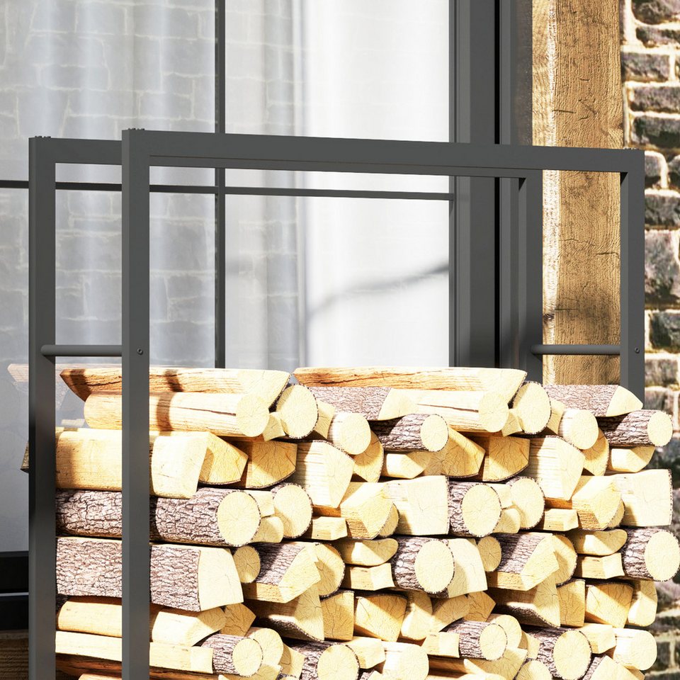 Outsunny Kaminholzregal Brennholzregal mit Rollen, BxTxH:120x32x151 cm, (Feuerholzregal, 1 - St., Brennholzlager), für Indoor, Outdoor, Metall, Schwarz - kuhlmann.hausgeraete