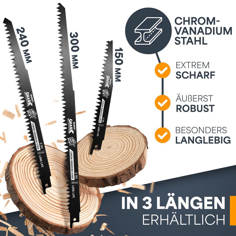 BAURIX Säbelsägeblatt Holz, 5 Stück, 240 mm, 5 TPI, Sägeblatt Säbelsäge (für schnelle und saubere Schnitte, 5 - St), Säbelsägeblatt für Grobholz, Nassholz, Brennholz, lebendes Holz - kuhlmann.hausgeraete