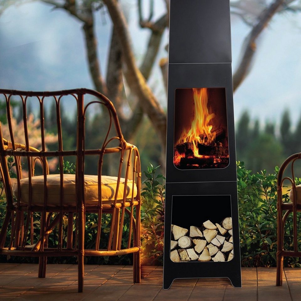 colourliving Echtfeuer - Dekokamin Gartenkamin mit schornstein Kamin für Garten Terrassenkamin aus Metall, Outdoorkamin mit Schornstein und Kaminholzfach - kuhlmann.hausgeraete
