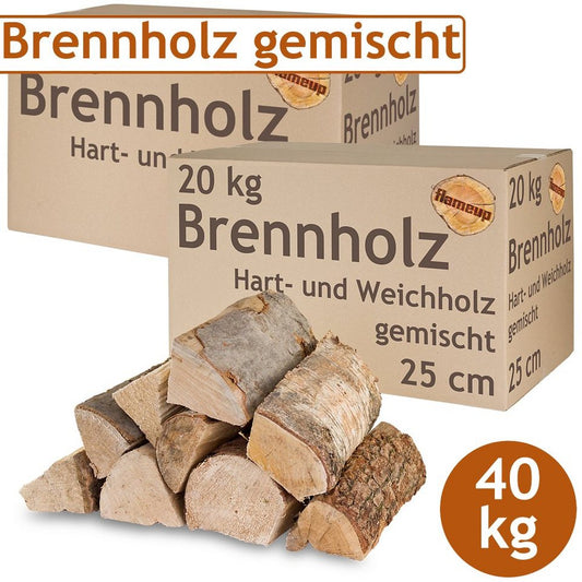 Flameup Kaminholz Brennholz Kaminholz gemischt 40 kg Holz Ofen Hartholz Weichholz 25 cm, 40 kg - kuhlmann.hausgeraete