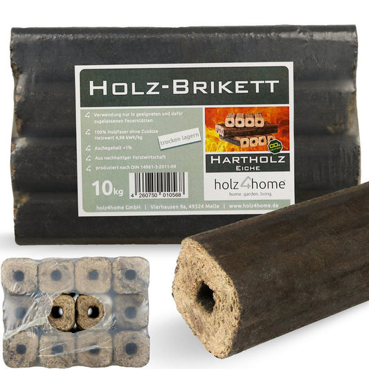 holz4home® Holzbriketts Pini Kay Eichenbriketts I 100% ohne Zusätze I Briketts Kamin Brennholz, 10 kg, Mit Zugloch gepresst - kuhlmann.hausgeraete