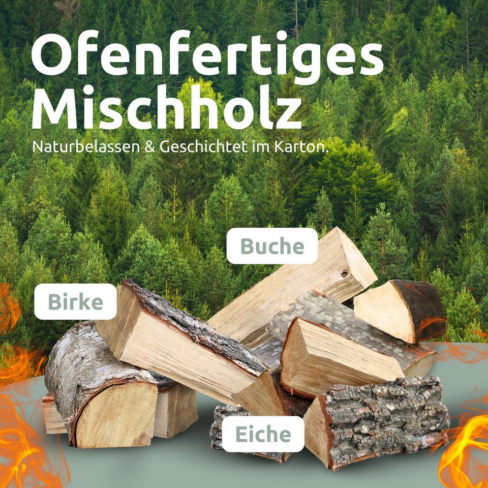 holz4home® Kaminholz 30 kg Brennholz Feuerholz getrocknet im Karton I Mischholz ofenfertig, 30 kg, Optimal für Lagerfeuer - kuhlmann.hausgeraete