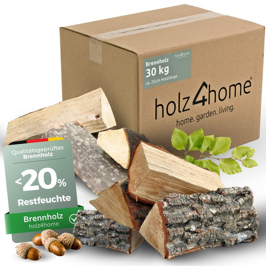holz4home® Kaminholz 30 kg Brennholz Feuerholz getrocknet im Karton I Mischholz ofenfertig, 30 kg, Optimal für Lagerfeuer - kuhlmann.hausgeraete