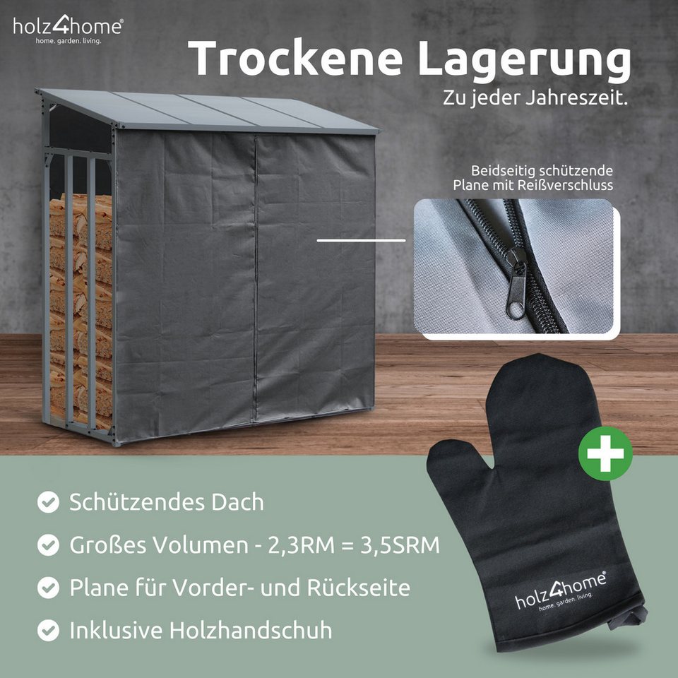 holz4home® Kaminholzregal Holzlager I Brennholzregal I Überdachung als Stapelhilfe für Brennholz, inkl. Plane und Holzhandschuh
