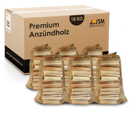 JSM-Brennholz Kaminholz Anzündholz 6 Netze a 3 Kg Anmachholz Anfeuerholz, 18 kg, Sofort einsatzbereit – Trockenes, vorgespaltenes Anzündholz