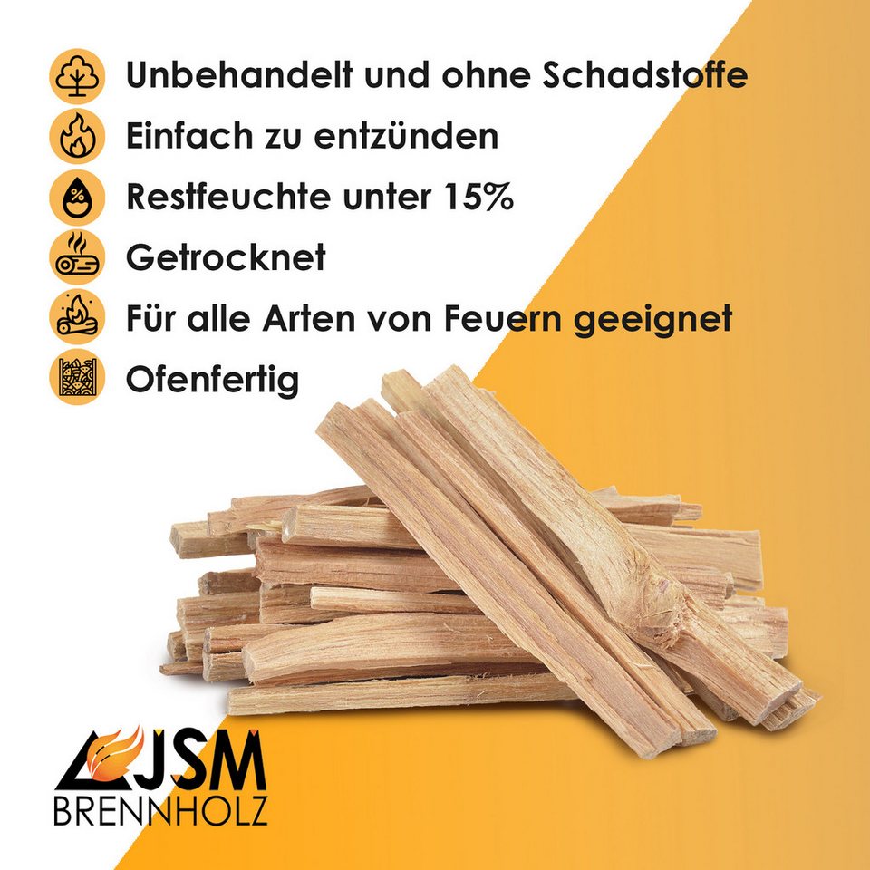 JSM-Brennholz Kaminholz Anzündholz 6 Netze a 3 Kg Anmachholz Anfeuerholz, 18 kg, Sofort einsatzbereit – Trockenes, vorgespaltenes Anzündholz