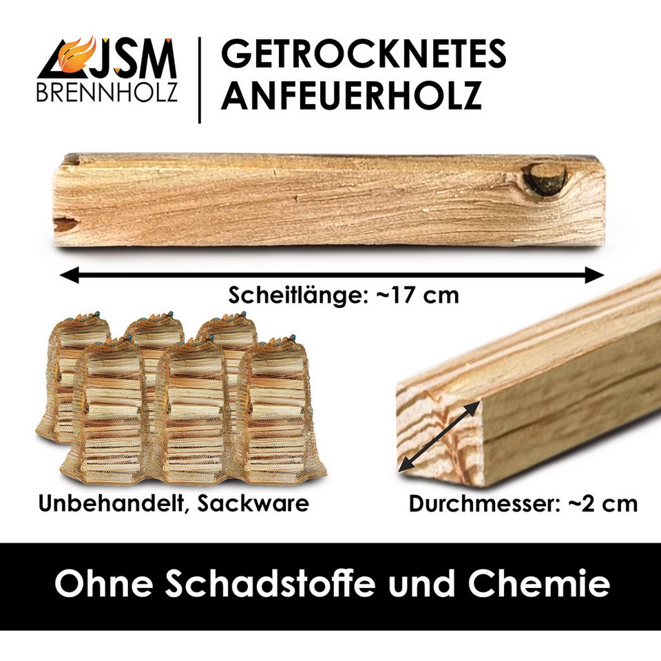 JSM-Brennholz Kaminholz Anzündholz 6 Netze a 3 Kg Anmachholz Anfeuerholz, 18 kg, Sofort einsatzbereit – Trockenes, vorgespaltenes Anzündholz