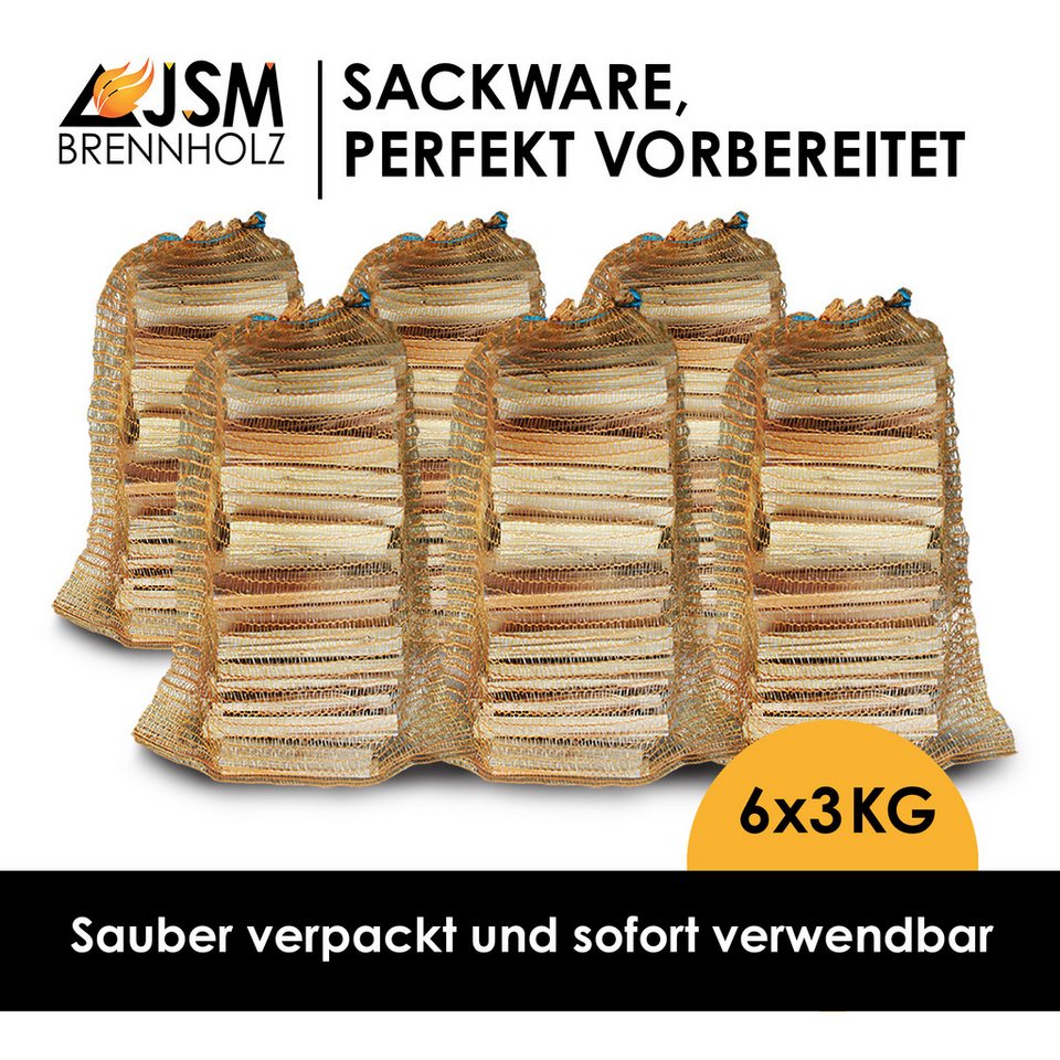 JSM-Brennholz Kaminholz Anzündholz 6 Netze a 3 Kg Anmachholz Anfeuerholz, 18 kg, Sofort einsatzbereit – Trockenes, vorgespaltenes Anzündholz