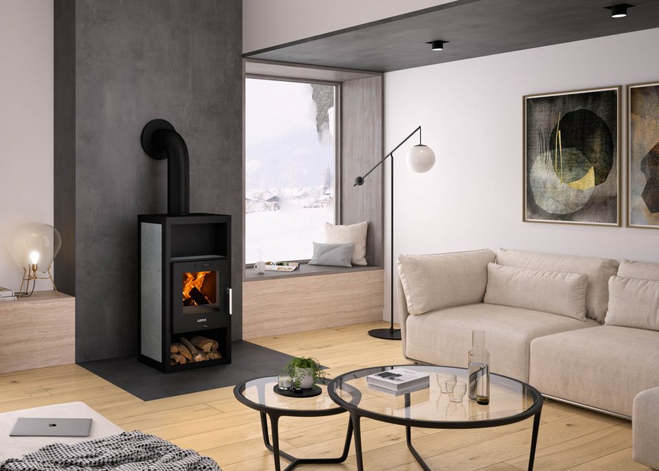 JUSTUS Kaminofen »Texas« Specksteinkeramik Korpus Stahl Schwarz, 6 kW, Zeitbrand, Keramikkacheln, Tee- und Holzfach