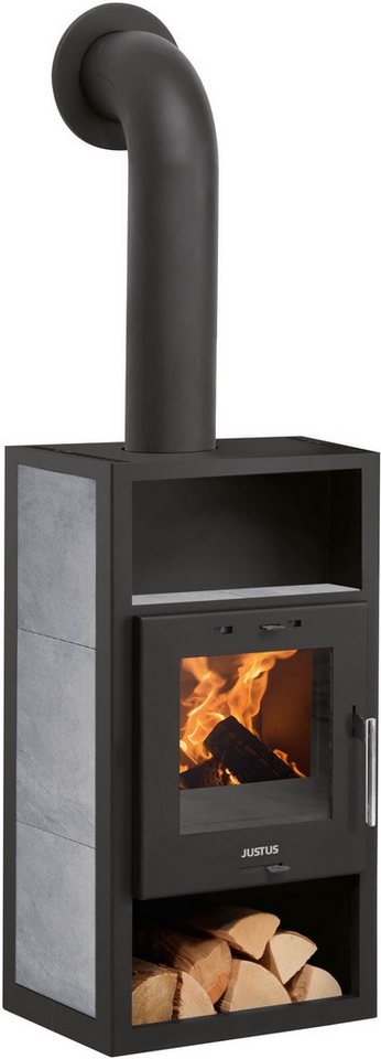 JUSTUS Kaminofen »Texas« Specksteinkeramik Korpus Stahl Schwarz, 6 kW, Zeitbrand, Keramikkacheln, Tee- und Holzfach