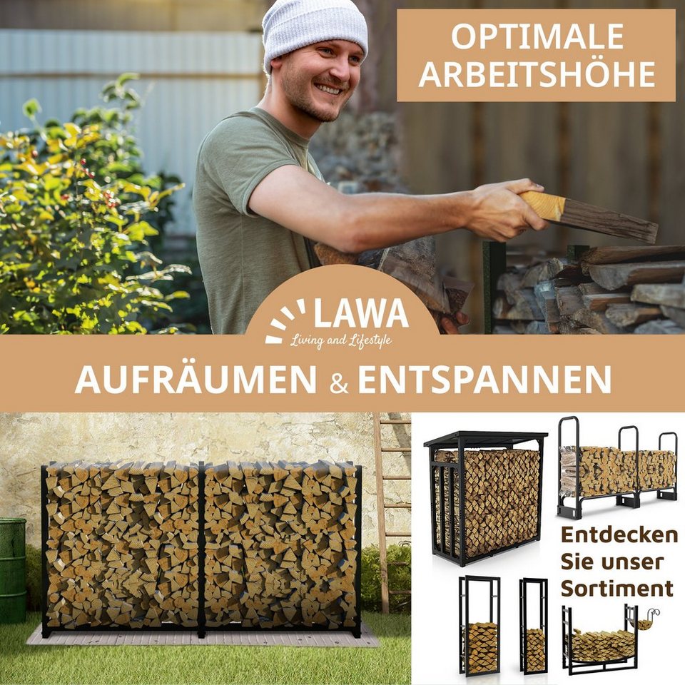 LAWA Living and Lifestyle Kaminholzregal außen mit Abdeckung Stapelhilfe verzinkt für Brennholz Feuerholzregal, BxTxH:223.00x25x115.00 cm, (Komplettset mit Plane), verzinkt, pulverbeschichtet, schwarz, Brennholz Regal Garten - kuhlmann.hausgeraete