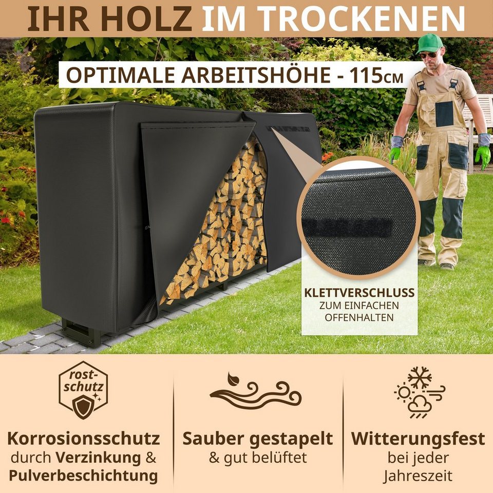 LAWA Living and Lifestyle Kaminholzregal außen mit Abdeckung Stapelhilfe verzinkt für Brennholz Feuerholzregal, BxTxH:223.00x25x115.00 cm, (Komplettset mit Plane), verzinkt, pulverbeschichtet, schwarz, Brennholz Regal Garten - kuhlmann.hausgeraete
