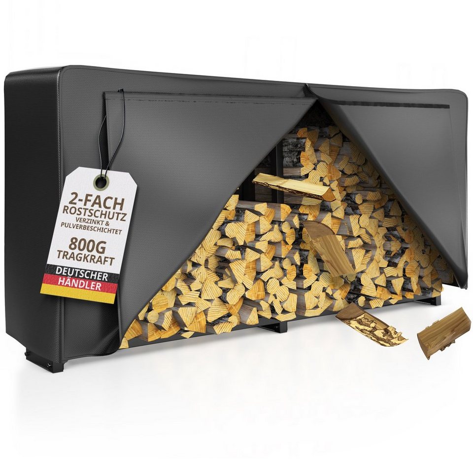 LAWA Living and Lifestyle Kaminholzregal außen mit Abdeckung Stapelhilfe verzinkt für Brennholz Feuerholzregal, BxTxH:223.00x25x115.00 cm, (Komplettset mit Plane), verzinkt, pulverbeschichtet, schwarz, Brennholz Regal Garten - kuhlmann.hausgeraete