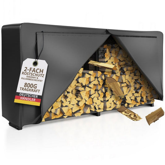 LAWA Living and Lifestyle Kaminholzregal außen mit Abdeckung Stapelhilfe verzinkt für Brennholz Feuerholzregal, BxTxH:223.00x25x115.00 cm, (Komplettset mit Plane), verzinkt, pulverbeschichtet, schwarz, Brennholz Regal Garten - kuhlmann.hausgeraete
