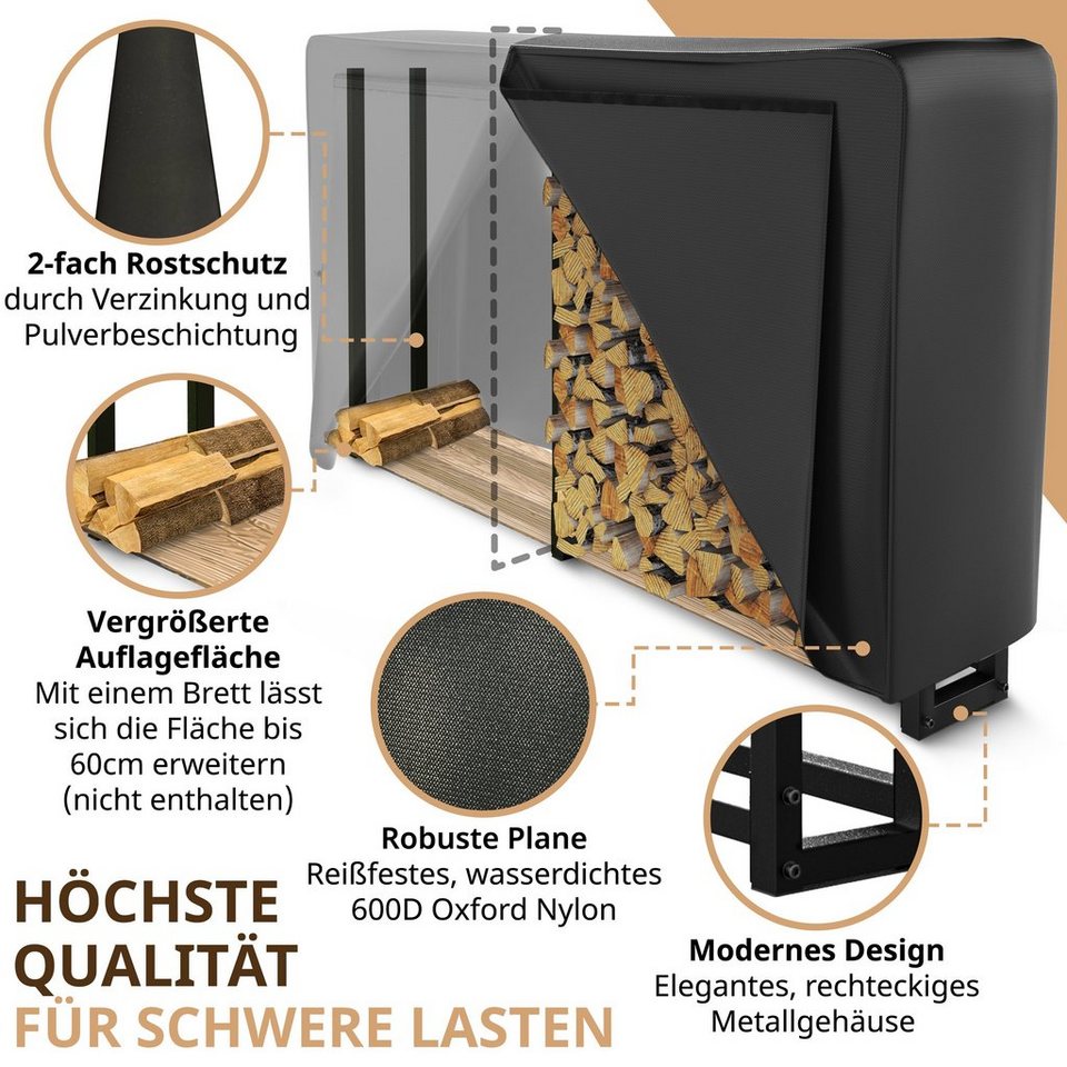 LAWA Living and Lifestyle Kaminholzregal außen mit Abdeckung Stapelhilfe verzinkt für Brennholz Feuerholzregal, BxTxH:223.00x25x115.00 cm, (Komplettset mit Plane), verzinkt, pulverbeschichtet, schwarz, Brennholz Regal Garten - kuhlmann.hausgeraete