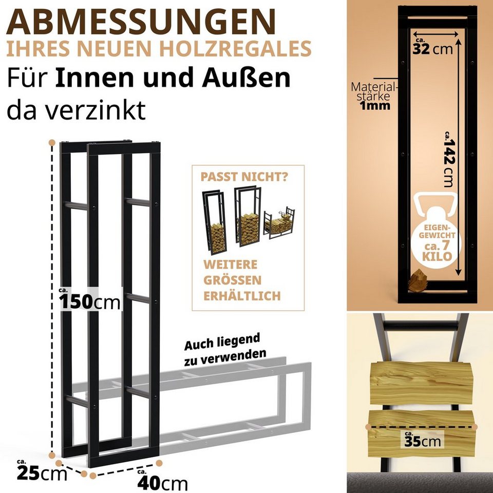 LAWA Living and Lifestyle Kaminholzregal Metall Feuerholzregal innen Kaminholzhalter Stapelhilfe Brennholz, BxTxH:40x25x150 cm, verzinkt / galvanisiert, pulverbeschichtet, stehend, liegend, SCHWARZ - kuhlmann.hausgeraete