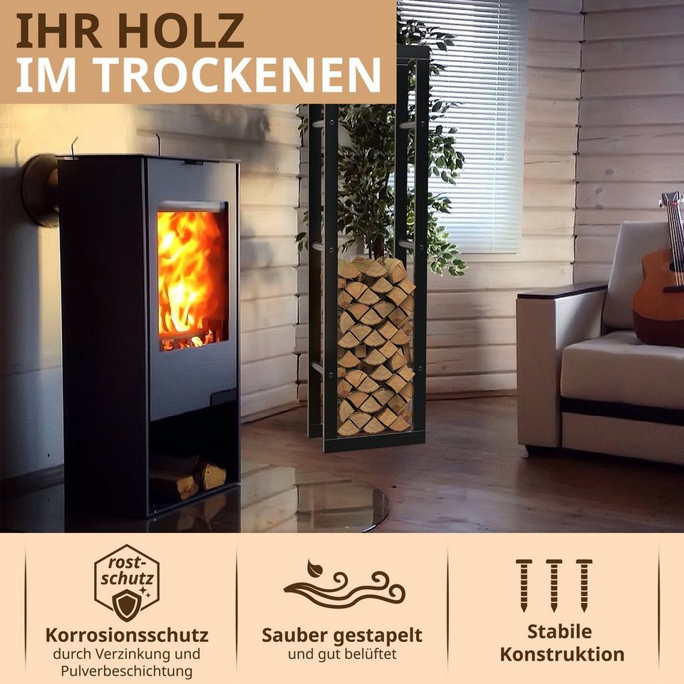 LAWA Living and Lifestyle Kaminholzregal Metall Feuerholzregal innen Kaminholzhalter Stapelhilfe Brennholz, BxTxH:40x25x150 cm, verzinkt / galvanisiert, pulverbeschichtet, stehend, liegend, SCHWARZ - kuhlmann.hausgeraete