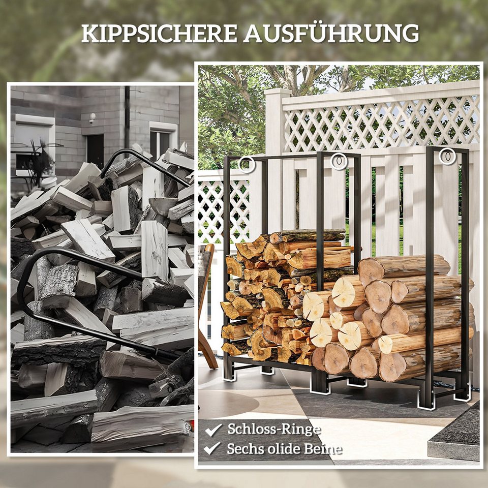 MC Star Kaminholzregal 123 x 32 x 115 cm Brennholzregal mit zwei Abschnitte, drei Haken, (drei Haken, Feuerholzregal für Outdoor, Indoor, bis 200 kg, Stahl, Schwarz) - kuhlmann.hausgeraete