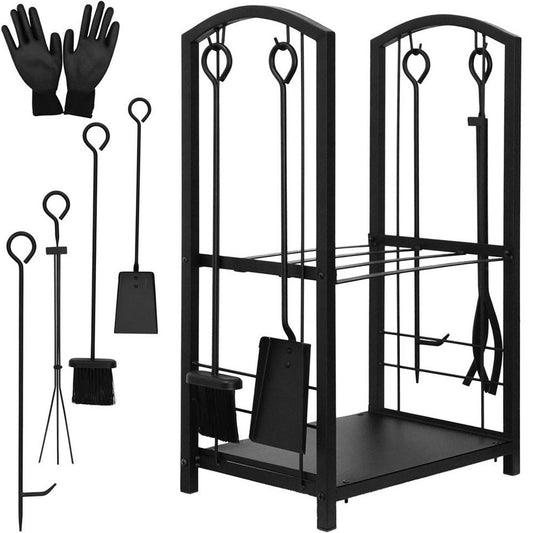 Mucola Kaminholzregal Feuerholzablage 6 - tlg. Kaminbesteck Kaminhandschuhe Kaminzubehör, BxTxH:40x30x74 cm, (6 - tlg., 6 - St., Set), inkl. 4tlg. Kaminwerkzeug, rostfrei und korrosionsbeständig - kuhlmann.hausgeraete