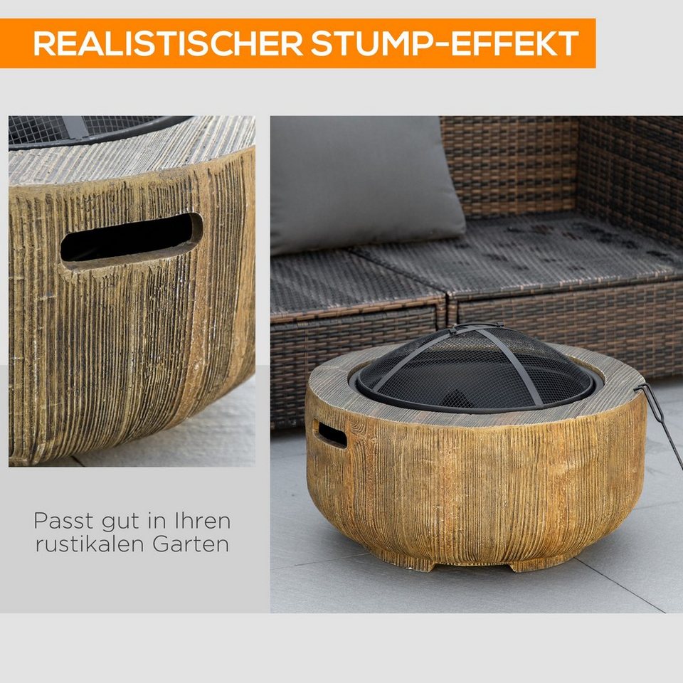 Outsunny Feuerschale mit Schürhaken, im Baumstumpf - Design, (Feuerschale, 1 - St., Feuerstelle mit Deckel), Stahl, für Garten, Camping, Braun - kuhlmann.hausgeraete