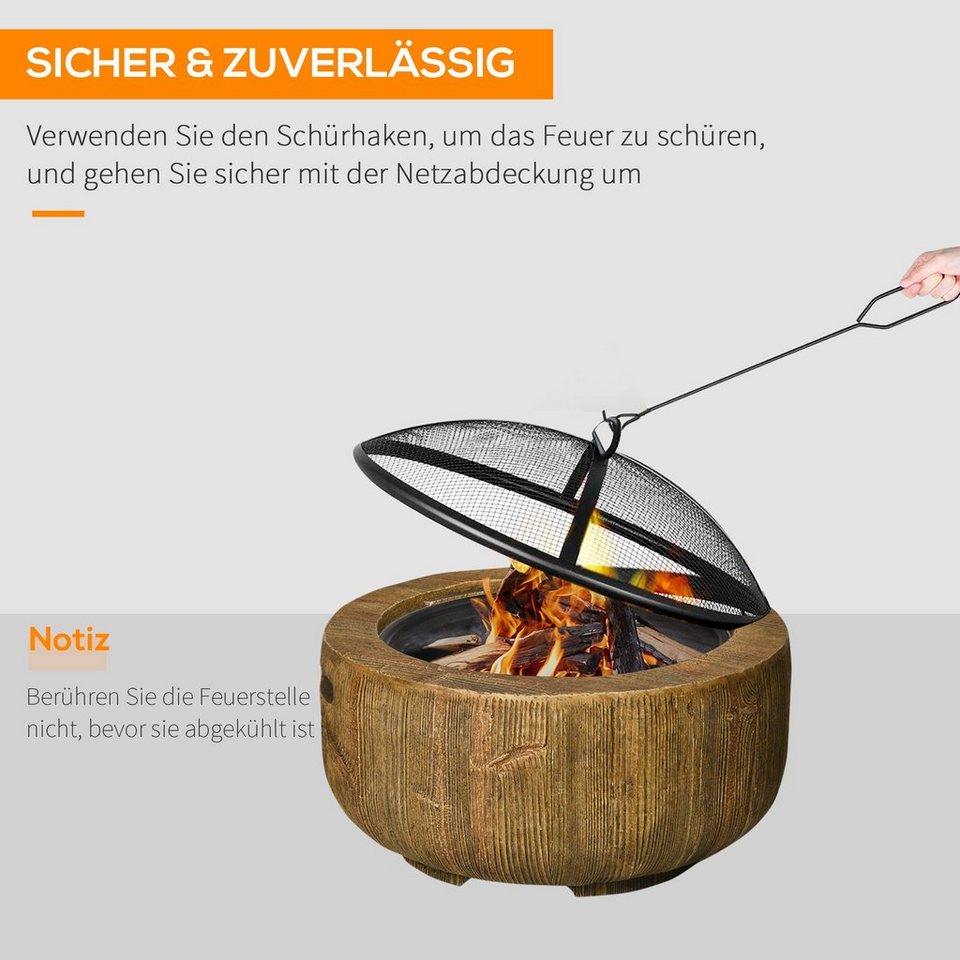 Outsunny Feuerschale mit Schürhaken, im Baumstumpf - Design, (Feuerschale, 1 - St., Feuerstelle mit Deckel), Stahl, für Garten, Camping, Braun - kuhlmann.hausgeraete