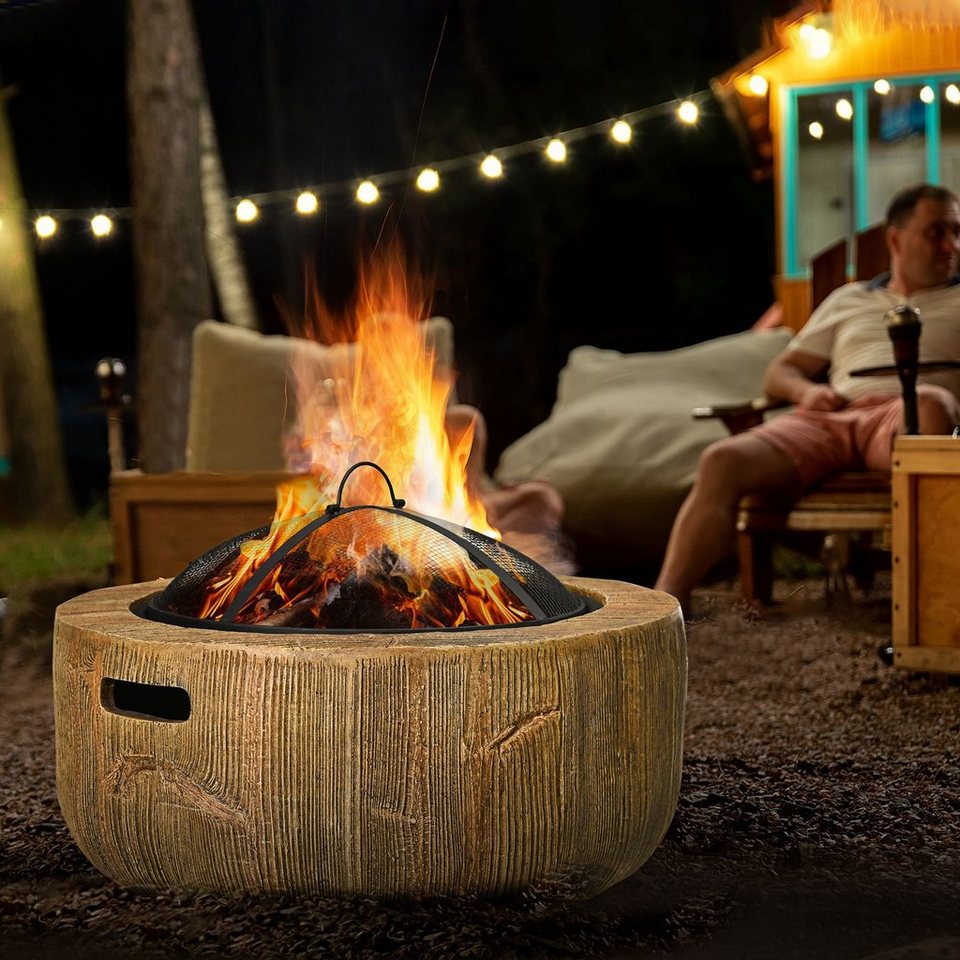 Outsunny Feuerschale mit Schürhaken, im Baumstumpf - Design, (Feuerschale, 1 - St., Feuerstelle mit Deckel), Stahl, für Garten, Camping, Braun - kuhlmann.hausgeraete