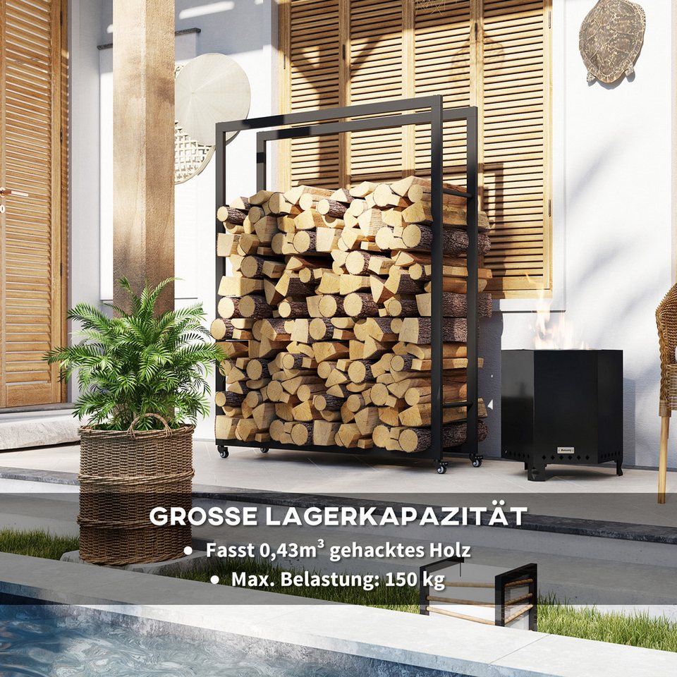Outsunny Kaminholzregal Brennholzregal mit Rollen, BxTxH:120x32x151 cm, (Feuerholzregal, 1 - St., Brennholzlager), für Indoor, Outdoor, Metall, Schwarz - kuhlmann.hausgeraete