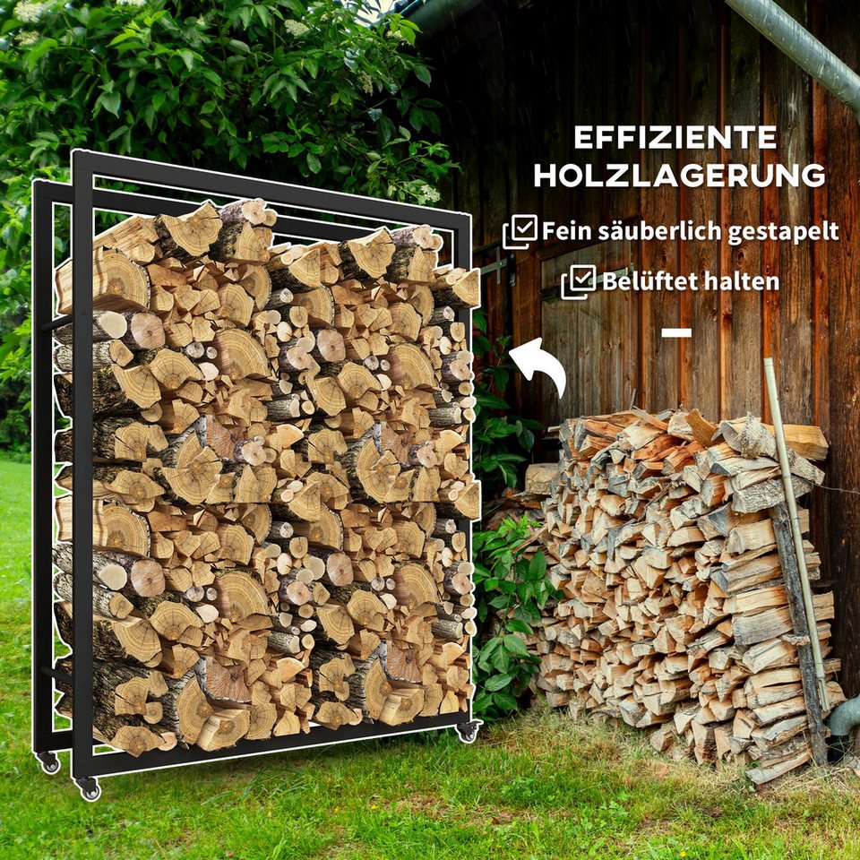 Outsunny Kaminholzregal Brennholzregal mit Rollen, BxTxH:120x32x151 cm, (Feuerholzregal, 1 - St., Brennholzlager), für Indoor, Outdoor, Metall, Schwarz - kuhlmann.hausgeraete