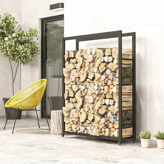 Outsunny Kaminholzregal Brennholzregal mit Rollen, BxTxH:120x32x151 cm, (Feuerholzregal, 1 - St., Brennholzlager), für Indoor, Outdoor, Metall, Schwarz - kuhlmann.hausgeraete